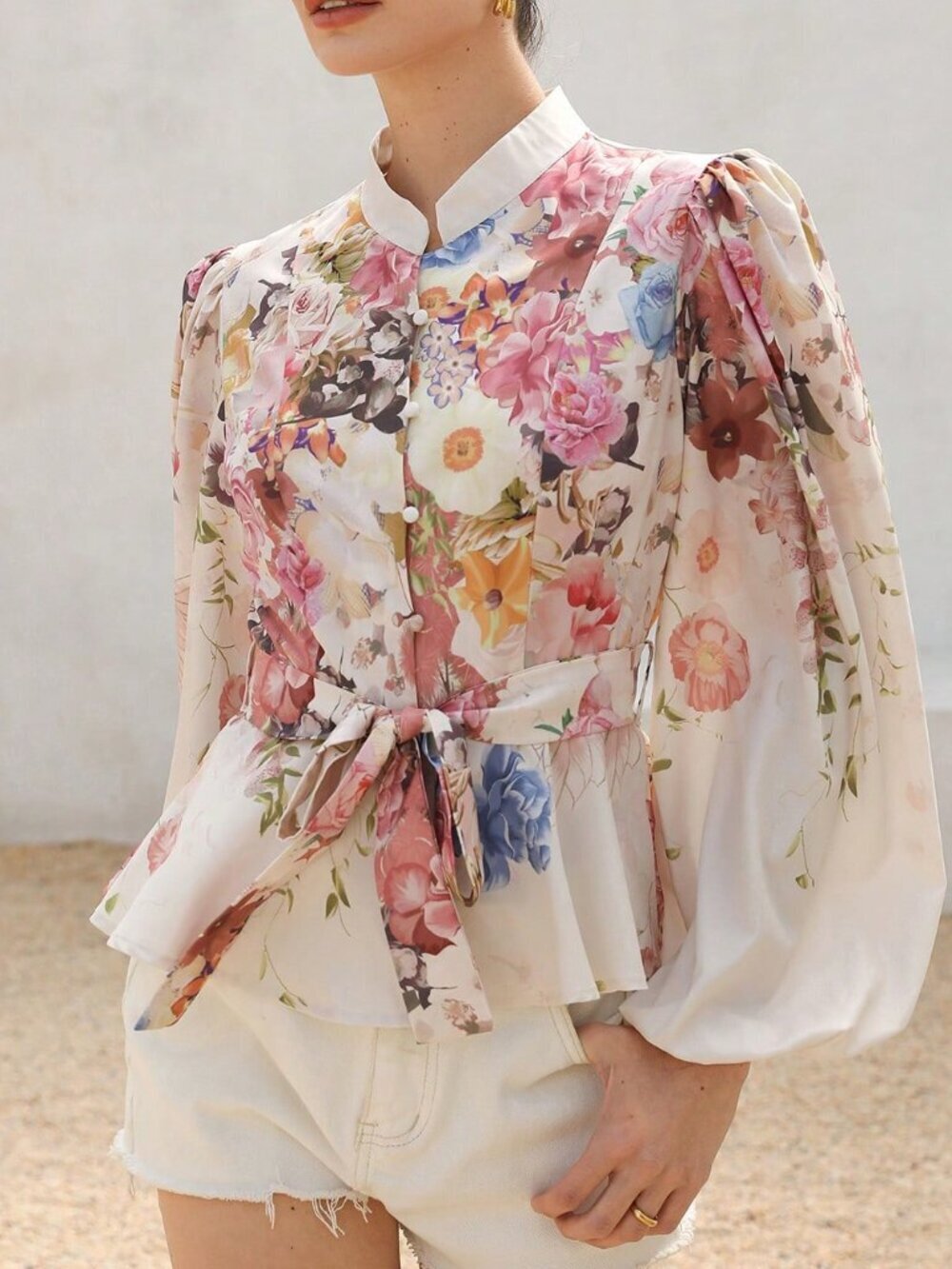 Multicolor Boho Women's Floral Stand-Up Collar Button-Down Long Sleeve Blouse